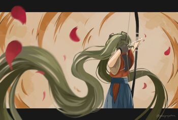 1girl aiming alternate_hair_color archery arrow_(projectile) bow_(weapon) clothing_cutout commentary english_commentary falling_petals floating_hair galaxyroyaltea gloves green_hair hakama hatsune_miku hip_vent holding holding_bow_(weapon) holding_weapon japanese_clothes kimono kyuudou letterboxed long_hair manimani_(vocaloid) muneate partially_fingerless_gloves partly_fingerless_gloves petals solo twitter_username upper_body very_long_hair vocaloid weapon yugake