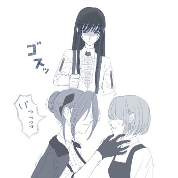 3girls black_gloves black_hair gloves hanamura_shiki heaven_burns_red highres jacket jacket_on_shoulders long_hair mob_face multiple_girls overalls parted_bangs shirt sidelocks suspenders suyuu_63 white_shirt yanagi_mion yuri