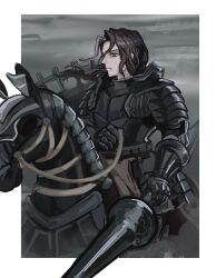 Rule 34 | 1boy, armor, armored animal, barding, black armor, black eyes, black hair, breastplate, closed mouth, cowboy shot, faulds, gauntlets, greaves, grey background, grey hair, highres, holding, holding polearm, holding weapon, horseback riding, kurapixel art, lance, long hair, male focus, multicolored hair, pauldrons, polearm, profile, renault (unicorn overlord), riding, shoulder armor, solo, streaked hair, unicorn overlord, weapon