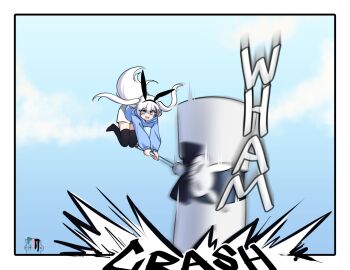 1girl :d animal_ear_hairband animal_ears black_hairband black_streaks black_thighhighs blue_eyes blue_hoodie border bright_pupils commentary double-parted_bangs english_commentary fake_animal_ears hair_between_eyes hairband hammer highres hitting holding holding_hammer hood hood_down hoodie huge_weapon long_hair long_sleeves merryweather midair multicolored_hair open_mouth original rabbit_ear_hairband rabbit_ears ryuuxin sally_sinclair shorts sky smile solo sound_effects streaked_hair thighhighs two_side_up weapon white_border white_hair white_pupils white_shorts