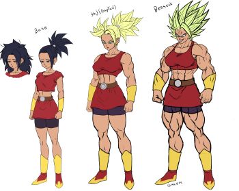 1girl absurdres blonde_hair breasts dragon_ball dragon_ball_super earrings female_focus flat_color full_body green_eyes gusceps height_difference height_growth highres jewelry kale_(dragon_ball) medium_breasts medium_hair midriff muscle_growth muscular muscular_female ponytail skirt solo spiked_hair super_saiyan tall_female veins veiny_arms