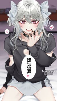 1boy aegyo_sal animal_collar arm_at_side black_hoodie black_nails blush bow breasts bulge cleavage cleavage_cutout clothing_cutout collar collarbone crossdressing crossdressing_(mtf) double-parted_bangs erection erection_under_clothes grey_hair hair_between_eyes hair_bow hand_up heart heart_cutout highres hood hoodie hotel_room indoors long_hair long_sleeves looking_at_another looking_at_viewer male_focus miniskirt multiple_hair_bows nail_polish on_bed open_mouth original paid_reward_available phone pink_eyes polka_dot polka_dot_bow pov raised_inner_eyebrows shisei_(kyuushoku_banchou) sidelocks sitting skirt sleeve_zipper solo speech_bubble spread_legs studded_collar teeth thighs tissue_box tongue translated trap two_side_up wavy_hair