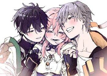 1girl 2boys black_choker black_coat black_gloves black_hair black_shirt blue_eyes blush breasts buttons caelus_(honkai:_star_rail) chinese_clothes choker coat collarbone collared_shirt commentary_request dan_heng_(honkai:_star_rail) dan_heng_(hunt)_(honkai:_star_rail) eyeliner fingerless_gloves fingernails gloves green_eyes grey_hair hair_between_eyes half-closed_eyes hand_up happy highres holding_hands honkai:_star_rail honkai_(series) hood hooded_coat kirikirisamurai lapels long_sleeves looking_at_another makeup march_7th_(honkai:_star_rail) march_7th_(preservation)_(honkai:_star_rail) medium_breasts multicolored_eyes multiple_boys open_clothes open_coat open_mouth orange_coat orange_eyes pink_eyes pink_hair red_eyeliner shirt short_hair sidelocks simple_background smile t-shirt teeth trailblazer_(honkai:_star_rail) two-sided_coat two-sided_fabric upper_body white_background white_coat white_shirt zipper