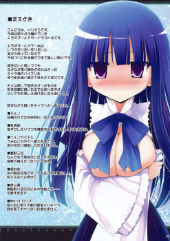 1girl blue_hair blush breasts breasts_out covering_nipples covering_privates doujinshi flustered frederica_bernkastel highres hime_cut kujiran large_breasts purple_eyes umineko_no_naku_koro_ni