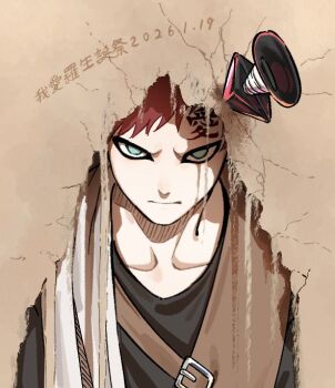 Rule 34 | 1boy, black eyeliner, closed mouth, commentary request, dated, eyeliner, gaara (naruto), green eyes, head tattoo, kunai, looking at viewer, makeup, male focus, naruto (classic), naruto (series), o omm0, red hair, sand, short hair, solo, translation request, weapon