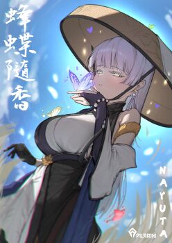 1girl absurdres bug butterfly character_name earrings gloves goddess_of_victory:_nikke grey_eyes grey_hair hat highres insect jewelry jingasa ko_uniii monk nayuta_(nikke) pearl_earrings pilgrim_symbol_(nikke) purple_butterfly solo thick_eyelashes translation_request