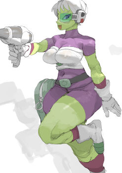 1girl absurdres blue_eyes breasts cheelai colored_skin covered_navel dragon_ball dragon_ball_super dragon_ball_super_broly gloves green-tinted_eyewear green_skin gun heart highres holding holding_gun holding_weapon koki_(ryoushikiha) large_breasts looking_at_viewer mature_female open_mouth pixie_cut scouter short_hair simple_background skin_tight smile standing standing_on_one_leg strapless tinted_eyewear weapon white_background white_gloves white_hair
