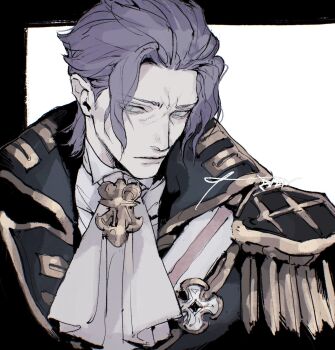 Rule 34 | 1boy, ace attorney, armor, ascot, barok van zieks, blue hair, closed mouth, collared shirt, commentary request, dadadadadaist, gold trim, grey eyes, hair slicked back, highres, lapels, looking to the side, male focus, mystical high collar, pauldrons, shirt, shoulder armor, solo, the great ace attorney, white ascot, white shirt