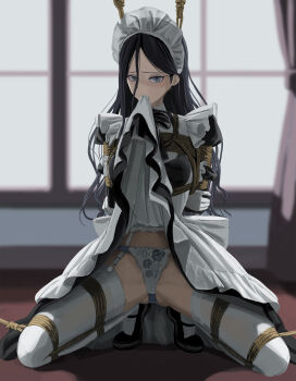 1girl arms_behind_back bdsm black_hair blue_eyes blurry blurry_background bondage bound breasts clothes_lift commentary_request dress dress_lift frogtie garter_belt highres itou_tatsuya kneeling lifting_own_clothes long_hair maid maid_headdress medium_breasts mouth_hold original panties shibari shibari_over_clothes solo thighhighs underwear white_garter_belt white_panties white_thighhighs