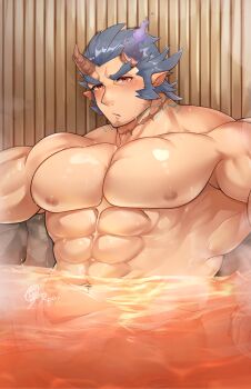1boy abs bara blue_hair blush broken_horn commentary_request demon_boy demon_horns facial_hair fang fiery_horns highres horns large_pectorals long_sideburns looking_at_viewer male_focus mature_male muscular muscular_male nipples onsen open_mouth partially_submerged pectorals pointy_ears red_eyes saund_r_pu scar scar_on_neck short_hair sideburns solo stubble takemaru_(housamo) thick_eyebrows tokyo_houkago_summoners wet