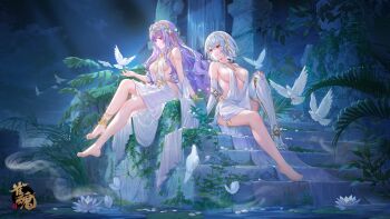 2girls ancient_greek_clothes ankle_cuffs atdan bare_legs barefoot bird breasts character_request dove dress fern greco-roman_clothes hairband highres jewelry joints large_breasts laurel_crown leg_up lily_pad long_hair looking_to_the_side mahjong_soul multiple_girls necklace necklace_between_breasts night prosthesis prosthetic_arm prosthetic_leg purple_hair red_eyes revealing_clothes robot_joints ruins see-through_clothes short_hair sideboob sitting stairs water waterfall white_dress white_hair