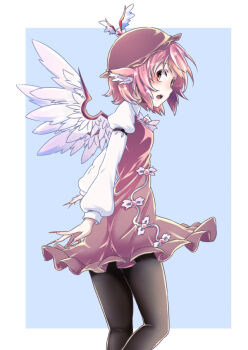1girl :o bird_girl bird_wings black_pantyhose blush border brown_dress clip_studio_paint_(medium) commentary dress feathered_wings feet_out_of_frame irodori_(irodori0704) long_sleeves looking_to_the_side mystia_lorelei pantyhose pink_hair puffy_long_sleeves puffy_sleeves shirt short_hair sideways_glance simple_background solo touhou white_border white_shirt wing_ears wing_hat_ornament wings