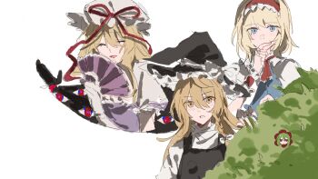 Rule 34 | 4girls, alice margatroid, black vest, blonde hair, blue dress, blue eyes, blush, braid, bush, capelet, closed eyes, curious, dress, elbow gloves, finger to mouth, gap (touhou), gloves, green hair, hairband, hand fan, hat, highres, holding, holding fan, kagiyama hina, kirisame marisa, lolita hairband, long hair, looking at viewer, medium hair, mob cap, multiple girls, parted lips, purple dress, red eyes, shirt, short sleeves, side braid, smile, touhou, upper body, vest, white background, white capelet, white gloves, white shirt, witch hat, wssjzwcmd, yakumo yukari, yellow eyes