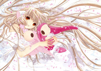 00s 1girl absurdres artbook blonde_hair brown_eyes chii chobits clamp dress female_focus flower hair_spread_out highres holding hug lace long_hair official_art pda_(chobits) petals robot_ears scan smile solo stuffed_animal stuffed_toy traditional_media very_long_hair white_dress