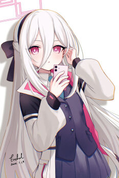 1girl black_hairband blue_archive blue_necktie blush commentary_request dated double-parted_bangs encheru_(th-sto) hair_between_eyes hairband halo hands_up highres holding holding_phone jacket kei_(blue_archive) kei_(new_body)_(blue_archive) long_hair long_hair_between_eyes looking_at_viewer multicolored_jacket necktie parted_lips phone pink_halo rectangular_halo red_eyes ringed_eyes shadow signature simple_background skirt tucking_hair two-tone_jacket very_long_hair white_background white_hair white_jacket
