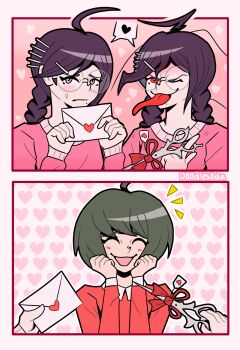 3girls ahoge alternate_costume artist_name blush braid closed_eyes collared_shirt commentary d00dles0da danganronpa_(series) danganronpa_another_episode:_ultra_despair_girls dual_persona english_commentary envelope eyelashes fukawa_toko genocider_shou glasses green_hair grey_eyes hair_ornament hairclip heart heart_background highres holding holding_envelope holding_scissors long_hair long_sleeves long_tongue mole mole_under_mouth multiple_girls naegi_komaru notice_lines one_eye_closed open_mouth pink_sweater purple_hair red_eyes red_ribbon red_shirt ribbon round_eyewear scissors shirt short_hair smile sweatdrop sweater tongue tongue_out twin_braids twintails valentine yuri
