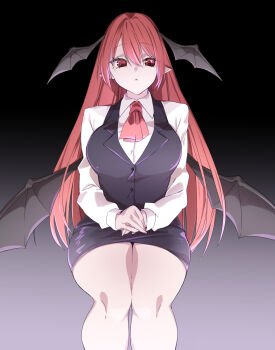 1girl absurdres ascot bat_wings black_skirt black_vest breasts collared_shirt commentary expressionless gradient_background hair_between_eyes head_wings highres koakuma large_breasts long_hair long_sleeves own_hands_together pointy_ears red_ascot red_eyes red_hair shirt sitting skirt solo thighs touhou vest white_shirt wings yukina_(masyumaro610)