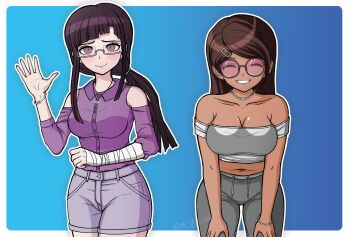 2girls a_beautiful_man_(middinos) absurdres asahina_aoi bare_shoulders blush bracelet breasts cleavage closed_eyes danganronpa:_trigger_happy_havoc danganronpa_(series) danganronpa_2:_goodbye_despair dark-skinned_female dark_skin female_focus glasses highres jewelry large_breasts long_hair looking_at_viewer middinos midriff multiple_girls navel purple_hair tsumiki_mikan