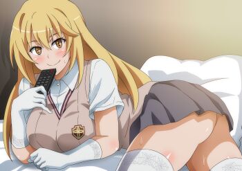 +_+ 1girl ass beige_vest blonde_hair blush breasts collared_shirt controller elbow_gloves female_focus gloves grey_skirt hair_between_eyes hara_(harayutaka) highres large_breasts long_hair looking_at_viewer lying no_panties on_bed on_stomach pillow remote_control shirt shokuhou_misaki short_sleeves skirt smile solo sparkling_eyes spider_web_print thighhighs thighs toaru_kagaku_no_railgun toaru_majutsu_no_index white_gloves white_shirt white_thighhighs yellow_eyes