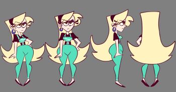 1girl amber_(helgatam) ass blonde_hair breasts commentary ear_piercing earrings english_commentary eyelashes full_body hand_on_own_hip helgatam highres hoop_earrings huge_ass jewelry long_hair looking_at_viewer multiple_views nose original pear-shaped_figure piercing reference_sheet short_sleeves solo toon_(style) very_long_hair wide_hips