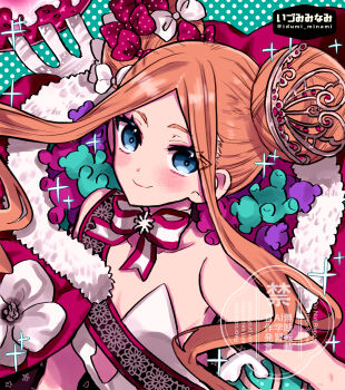 1girl abigail_williams_(fate) abigail_williams_(santa)_(fate) bare_shoulders blonde_hair blue_eyes blush bow breasts cloak double_bun dress fate/grand_order fate_(series) forehead fur-trimmed_cloak fur_trim hair_bow hair_bun highres izumi_minami long_hair looking_at_viewer parted_bangs red_bow red_cloak sash sidelocks small_breasts smile solo stuffed_animal stuffed_toy teddy_bear tiara very_long_hair white_bow white_dress