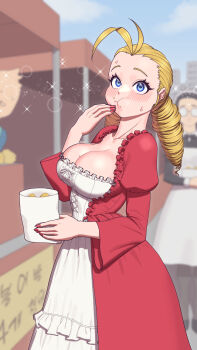 2girls ahoge blonde_hair blurry blurry_background breasts corset cropped_legs dress drill_hair eating food hair_pulled_back highres large_breasts long_hair looking_at_viewer lyoung0j maid mole mole_on_breast multiple_girls original red_dress red_nails ringlets solo_focus white_corset