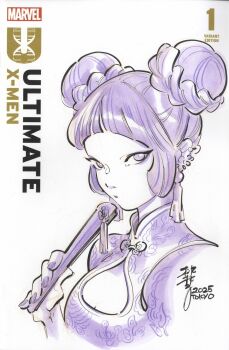 1girl 2025 alternate_costume blunt_bangs braid braided_bun chinese_clothes cleavage_cutout clothing_cutout copyright_logo copyright_name cover_sketch double_bun earrings hair_bun hand_fan highres holding holding_fan jewelry logo looking_at_viewer marvel multiple_piercings nico_minoru no_eyebrows peach_momoko purple_eyes purple_hair purple_nails purple_theme sketch solo spot_color upper_body x-men