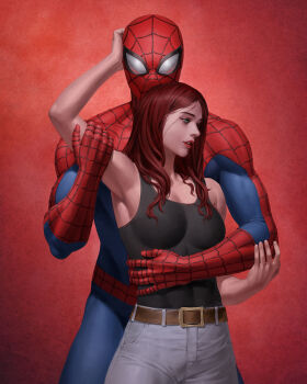 1boy 1girl arm_behind_head arm_up belt black_tank_top blue_eyes bodysuit brown_belt comic_cover commentary couple denim english_commentary grey_pants hand_on_another's_arm hand_on_another's_head hetero highres hug hug_from_behind jeans long_hair looking_at_viewer looking_to_the_side marvel mary_jane_watson muscular muscular_male official_art pants parted_lips red_background red_hair signature spider-man spider-man_(series) spider_web_print superhero_costume tank_top yoon_junggeun