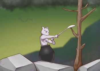 Rule 34 | absurdres, bare tree, blurry, blurry background, chinese commentary, cloud, commentary request, gen 1 pokemon, gen 3 pokemon, getting over it, highres, holding, holding spoon, in cauldron, legendary pokemon, mewtwo, nintendo, outdoors, oversized object, oversized spoon, pokemon, pokemon (creature), pokemon adventures, pokemon focus, purple eyes, rayquaza, solo focus, spoon, tree, zhen xionggui