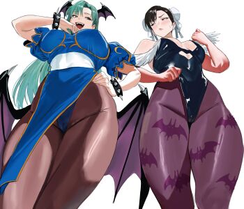 2girls adjusting_clothes adjusting_leotard animal_print asymmetrical_bangs bat_print bat_wings black_hair black_leotard blue_dress blush bracelet breasts brown_pantyhose bun_cover cameltoe capcom china_dress chinese_clothes chun-li chun-li_(cosplay) clenched_hands closed_mouth clothing_cutout commentary company_connection cosplay costume_switch curtained_hair cutout_above_navel darkstalkers double_bun dress earrings embarrassed english_commentary fangs feet_out_of_frame from_below frown furrowed_brow green_hair hair_bun halloween hand_on_own_hip hand_to_own_mouth head_wings heart_cutout highleg highleg_leotard highres jewelry large_breasts legs_together leotard long_hair looking_at_another looking_to_the_side low_wings medium_breasts morrigan_aensland morrigan_aensland_(cosplay) mugi_(mugit49) multiple_girls open_mouth pantyhose parted_bangs pelvic_curtain print_pantyhose puffy_short_sleeves puffy_sleeves purple_pantyhose rivalry short_hair short_sleeves side-by-side simple_background smile smug sphere_earrings spiked_bracelet spiked_wings spikes standing strapless strapless_leotard street_fighter sweatdrop teeth thick_thighs thighs upper_teeth_only white_background wings