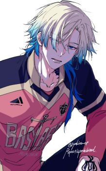 1boy arm_rest arm_tattoo artist_name backlighting black_pants black_shirt blonde_hair blue_eyes blue_hair blue_lock collarbone collared_shirt elbow_on_knee expressionless gradient_hair hair_over_one_eye head_tilt highres jitome knee_up leaning_forward long_hair looking_at_viewer male_focus michael_kaiser mullet multicolored_hair pants parted_bangs parted_lips popped_collar red_shirt shirt shoulder_tattoo simple_background soccer_uniform sportswear tattoo upper_body white_background yukito_ot