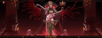 Rule 34 | 1girl, absurdres, black nails, canstantinex, commentary request, english text, extra arms, fingernails, hand on hilt, highres, holding, holding staff, lips, long fingernails, looking at viewer, nose, original, red theme, ribs, sharp fingernails, solo, staff, sword, weapon