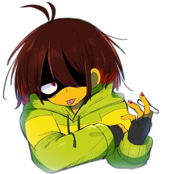 Rule 34 | :p, brown hair, cigarette, deltarune, green hoodie, highres, holding, holding cigarette, hood, hoodie, kris (deltarune), partially shaded face, red eyes, single stripe, striped clothes, striped hoodie, t hanada 444, tongue, tongue out, two-tone hoodie, utdr (toby fox)
