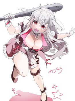 1girl adapted_costume arch_bishop_(ragnarok_online) black_shoes blush breasts brown_dress cleavage club club_(weapon) collar commentary_request datenshi_no_fu dress feathered_wings frilled_dress frilled_thigh_strap frills full_body gloves grey_hair head_wings highres holding holding_club holding_weapon large_breasts leaning_forward long_hair looking_at_viewer open_mouth puffy_short_sleeves puffy_sleeves ragnarok_masters ragnarok_online red_eyes shoes short_sleeves simple_background solo spiked_club spiked_collar spikes thigh_strap weapon white_background white_gloves white_wings wings