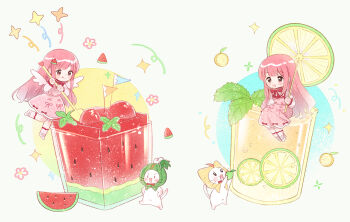 1girl :d ahoge alternate_costume angel_wings animal argyle_clothes argyle_dress artist_request bloom_poetry_(shining_nikki) bow bowtie brown_eyes cat chibi cloak closed_mouth clothed_animal collared_shirt cross-laced_clothes cross-laced_dress cup dress dress_bow drinking_glass ear_covers flag flying food fruit high_collar highres hood hood_up hooded_cloak kneehighs lemonade light_blush lime_(fruit) lime_slice long_hair long_sidelocks long_sleeves looking_at_food medium_dress momo_(nikki) multiple_views navel nikki_(nikki) nikki_(series) official_art open_mouth oversized_food oversized_object pinafore_dress pink_dress pink_hair red_bow red_bowtie second-party_source shining_nikki shirt shoes sidelocks sitting sleeveless sleeveless_dress smile socks stirring tareme tongue tongue_out traditional_bowtie very_long_hair watermelon watermelon_slice whiskers white_background white_cat white_shirt white_shoes white_socks white_wings wings yellow_cloak