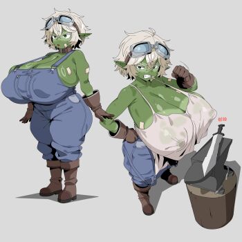 absurdres amx1375 anvil bandaid bandaid_on_arm bandaid_on_cheek bandaid_on_face belt_collar blonde_hair blue_overalls breasts collar crop_top crop_top_overhang earrings fang freckles_on_breasts gigantic_breasts goblin goggles goggles_on_head highres jewelry log nipples original overalls pointy_ears shortstack single_earring sweat sword thick_thighs thighs weapon white_hair