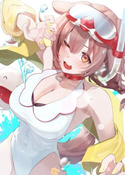 Rule 34 | 1girl, animal ears, arm up, braid, breasts, brown eyes, brown hair, casual one-piece swimsuit, cleavage, collar, cowboy shot, dog ears, dog girl, dog tail, double-parted bangs, edge ill, fangs, fingernails, goggles, goggles on head, hair between eyes, hashtag-only commentary, highres, hololive, inugami korone, jacket, jacket partially removed, large breasts, long hair, looking at viewer, nail polish, one-piece swimsuit, one eye closed, open mouth, red collar, smile, solo, swimsuit, tail, virtual youtuber, water, white one-piece swimsuit, yellow jacket, yellow nails