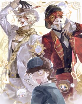 3boys absurdres animal_print black_gloves black_ribbon black_vest blank_eyes blonde_hair blue_jacket brown_hair chain chibi chibi_inset cowboy_hat dual_persona eli_clark eli_clark_(white) emma_woods emma_woods_(lady_truth) eye_mask eyewear_on_headwear fangs frilled_sleeves frills gloves gold_chain gold_trim half_eye_mask half_gloves hand_on_headwear hat hat_feather highres identity_v jacket jewelry leopard_print looking_at_viewer male_focus mask monocle multiple_boys naib_subedar naib_subedar_(mr._inference) neck_ribbon norton_campbell norton_campbell_(dazzling_lone_wolf) norton_campbell_(ronald_of_nice) official_alternate_costume one_eye_closed pants pectoral_cleavage pectorals pendant ponytail popped_collar red_eyes red_jacket red_mask red_pants ribbon scar scar_across_eye scar_on_face scarf shirt sunglasses sweat vest white_hat white_pants white_shirt yi_kuan_pp