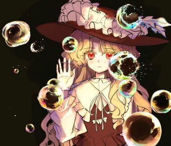1girl black_background blonde_hair brown_hat brown_vest bubble closed_mouth commentary_request dolls_in_pseudo_paradise expressionless frilled_hat frilled_shirt_collar frills gloves hat jacket_girl_(dipp) juliet_sleeves long_hair long_sleeves neck_ribbon puffy_sleeves red_eyes ribbon shirt simple_background solo touhou upper_body uzumibi very_long_hair vest white_gloves white_ribbon white_shirt