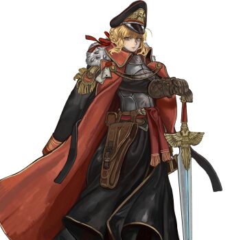 1girl absurdres adapted_costume ahoge armor artoria_pendragon_(fate) blonde_hair breasts cape commissar_(warhammer_40k) commission fate/stay_night fate_(series) gloves green_eyes hair_ribbon hat highres holding holding_sword holding_weapon holster kkghost_tv long_hair military military_hat military_uniform peaked_cap red_cape red_ribbon ribbon saber_(fate) solo sword warhammer_40k weapon