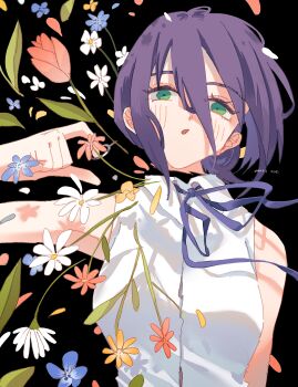 Rule 34 | 1girl, :o, absurdres, artist name, bare shoulders, black background, blue flower, blue ribbon, breasts, chainsaw man, collared shirt, flower, green eyes, grenade pin, hair between eyes, highres, ice morinaka, looking at viewer, medium breasts, neck ribbon, open mouth, petals, purple hair, red flower, reze (chainsaw man), ribbon, shirt, short hair, simple background, sleeveless, sleeveless shirt, solo, upper body, white flower, white shirt, yellow flower