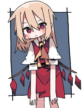 1girl ascot blonde_hair blush closed_mouth collared_shirt cowboy_shot crystal crystal_wings flandre_scarlet hair_between_eyes looking_at_viewer nacht_musik no_headwear one_side_up puffy_short_sleeves puffy_sleeves red_eyes red_skirt red_vest shirt short_hair short_sleeves simple_background skirt skirt_set solo standing touhou vest white_background white_shirt wings yellow_ascot