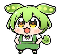 Rule 34 | 1girl, :3, :d, animal ears, bkub, blush, blush stickers, brooch, edamame, facing viewer, full body, green brooch, green footwear, green hair, green suspenders, hair between eyes, hands on own hips, jewelry, long hair, low ponytail, neck ribbon, open mouth, pink ribbon, puffy short sleeves, puffy sleeves, ribbon, shirt, shoes, short sleeves, shorts, simple background, smile, solo, standing, suspender shorts, suspenders, v-shaped eyebrows, voicevox, white background, white shirt, yellow eyes, zundamon