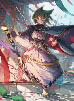 3girls absurdres ametonalu belt black_belt blonde_hair cape commentary_request detached_sleeves dress earmuffs flower full_body glowing glowing_eyes glowing_object hair_horns highres holding holding_sword holding_weapon magatama mononobe_no_futo multiple_girls open_mouth plum_blossoms red_trim scabbard sheath shoes silhouette skirt sleeveless sleeveless_dress socks soga_no_tojiko sword temple touhou toyosatomimi_no_miko weapon white_skirt white_socks wide_sleeves yellow_eyes yellow_shoes