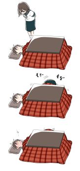 1boy 1girl 3koma age_difference assertive_female blue_sailor_collar blush brother_and_sister closed_eyes comic ganaishoten hetero highres implied_fellatio implied_incest incest kotatsu looking_down onee-shota original sailor_collar school_uniform serafuku shota siblings simple_background skirt sleep_molestation sleeping standing table under_kotatsu under_table white_background