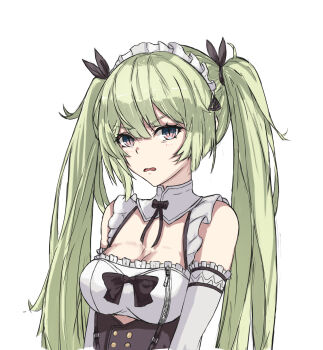 1girl absurdres alternate_costume bare_shoulders bell black_dress breasts cleavage commentary_request detached_sleeves dress highres honkai_(series) honkai_impact_3rd kabuto_tong looking_at_viewer maid maid_headdress medium_breasts mobius_(honkai_impact) neck_bell official_alternate_hairstyle simple_background slit_pupils solo twintails upper_body wavy_mouth white_background