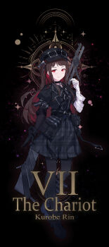 1girl absurdres bandaged_arm bandages black_background black_boots black_gloves black_hat black_pantyhose black_skirt boots braid brown_hair chinese_commentary colored_inner_hair commentary_request cosplay full_body girls_band_cry gloves gun hat highres kurobe_nanoka kurobe_nanoka_(cosplay) mahou_shoujo_no_majo_saiban multicolored_hair one_eye_closed pantyhose plaid_clothes plaid_skirt pleated_skirt red_eyes red_hair rin_(girls_band_cry) simple_background single_braid skirt solo unmoving_pattern weapon yun_cao_bing