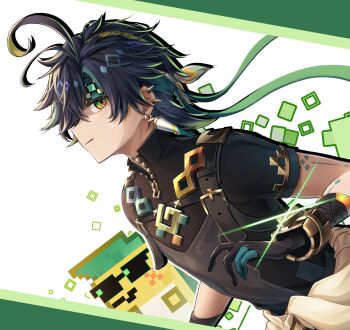1boy ajaw_(genshin_impact) antenna_hair black_gloves black_hair black_shirt blonde_hair bracelet braid closed_mouth clothes_around_waist commentary_request earrings genshin_impact gloves green_eyes green_gloves green_hair green_headband hair_between_eyes headband highres jewelry kinich_(genshin_impact) looking_at_viewer male_focus multicolored_eyes multicolored_gloves multicolored_hair shirt short_hair short_sleeves spiked_ear_piercing streaked_hair two-tone_eyes upper_body yellow_eyes yuno_kaihara zipper