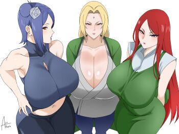 3girls absurdres airi_akura artist_name blonde_hair blue_hair breasts cleavage curvy eyeshadow facial_mark female_focus flower flower_on_head forehead_mark grandma hair_bun hand_on_own_hip highres huge_breasts konan_(naruto) lipstick long_hair looking_at_viewer makeup mature_female midriff multiple_girls naruto_(series) naruto_shippuuden navel navel_piercing old old_woman orange_eyes piercing red_hair short_hair tsunade_(naruto) uzumaki_kushina