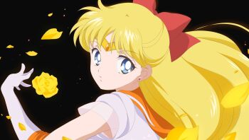 Rule 34 | 1girl, aino minako, bad id, bad twitter id, bishoujo senshi sailor moon, bishoujo senshi sailor moon crystal, black background, blonde hair, blue eyes, bow, circlet, commentary, derivative work, earrings, elbow gloves, english commentary, expressionless, eyelashes, floating hair, flower, gloves, hair bow, highres, honeymoonpetal, jewelry, leotard, light particles, lips, long hair, magical girl, official style, orange sailor collar, outstretched arm, parted lips, petals, red bow, rose, rose petals, sailor collar, sailor senshi uniform, sailor venus, screenshot redraw, short sleeves, simple background, sleeved leotard, solo, stud earrings, tareme, upper body, very long hair, white gloves, white leotard, yellow flower, yellow rose
